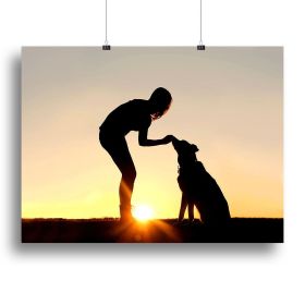 A silhouette of a girl sitting outside in the grass with her pet German Shepherd Mix Dog feeding him treats during training in front of a sunsetting s (Type: Standard Framed Canvas Print, size: 32" x 24" / 80cm x 60cm (approx))